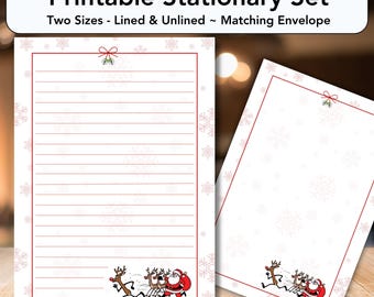 May include: Printable stationary set featuring lined and unlined paper with a matching envelope. The paper has a red border, snowflakes, and a cartoon Santa and reindeer design. The text at the top says "Printable Stationary Set".