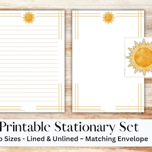 Juego de papelería imprimible Sunshine con sobre, papel para escribir, tamaño carta, papelería imprimible, rayada, sin raya, sol, solar, verano
