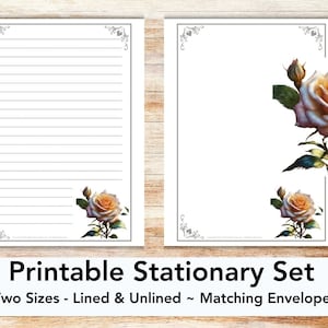 Sterling rose printable stationary set with envelope writing paper US letter printable stationary lined unlined rose floral