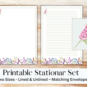 Ensemble de papeterie imprimable floral avec enveloppe, papier à lettres, lettre US, papeterie imprimable, avec ou sans doublure, fleur, fleurs sauvages, fleur