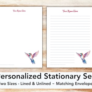 Papelería imprimible personalizada de colibrí con sobre, papel de escribir, carta de EE. UU., papelería imprimible, rayada, sin raya, colibrí, pájaro