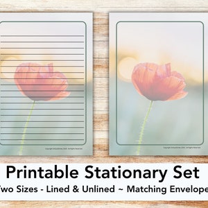 Poppy printable stationery set with envelope, writing paper, US letter, printable stationary, lined, unlined, California poppy, wildflower