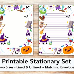 Halloween printable stationary set with envelope, writing paper, US letter, printable stationary, lined, unlined, spooky, witch, pumpkin