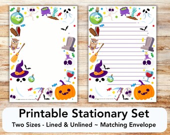 Halloween printable stationary set with envelope, writing paper, US letter, printable stationary, lined, unlined, spooky, witch, pumpkin