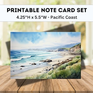 Pacific Coast Printable Note Card Set, watercolor, 9 different messages, customizable template, 4.25x5.5” folded, ocean, beach, landscape