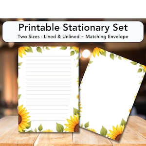 Papelería imprimible de girasol, papel para escribir, papelería, cartas, papel rayado, sin rayar, papel para escribir, girasol, flor de girasol amarilla