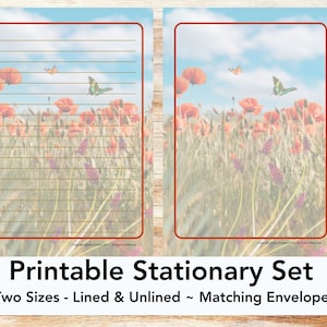 Poppy printable stationery set with envelope, writing paper, US letter, printable stationary, lined, unlined, California poppy, wildflower