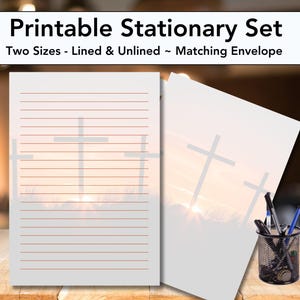 May include: Printable stationery set with a sunset and cross silhouette design. The set includes two sizes of lined and unlined paper, and a matching envelope.