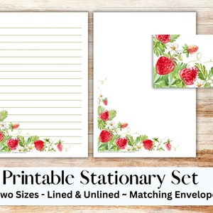 Strawberries printable stationary set with envelope, writing paper, US letter, printable stationary, lined, unlined, fruit, summer
