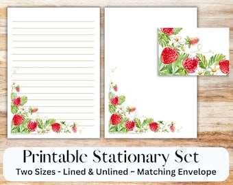 Strawberries printable stationary set with envelope, writing paper, US letter, printable stationary, lined, unlined, fruit, summer