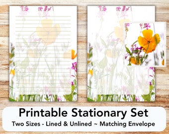 Poppy PRINTABLE stationary set with envelope printable stationary paper stationery writing paper letter paper California poppy wildflower