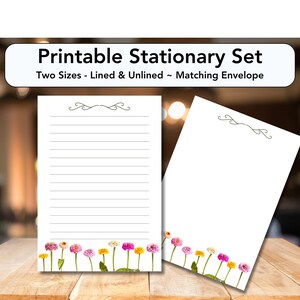 Papelería imprimible Zinnia, papel para escribir, papelería, carta A4, rayado, sin rayar, papel para escribir, zinnia, rosa, amarillo, jardín de verano