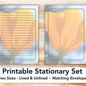 Poppy printable stationery set with envelope, writing paper, US letter, printable stationary, lined, unlined, California poppy, wildflower