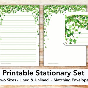 Conjunto de papelaria para impressão Ivy com envelope, papel de carta, carta dos EUA, papelaria para impressão, pautado, sem pauta, folhas de hera, botânico, jardim