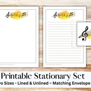 Musik druckbares Briefpapier Set mit Umschlag, Briefpapier, US Letter, druckbares Briefpapier, liniert, unliniert, Musiker, Musikpapier, Musik