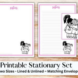 Set de papelería imprimible para hermanas con sobre, papel para escribir, tamaño carta, papelería imprimible, con rayas, sin rayas, para hermanas, familia, mejores amigas