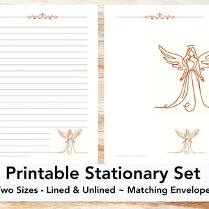 May include: Printable stationery set with a line drawing of an angel. The set includes lined and unlined paper, and a matching envelope. The angel is drawn in a single line, with a halo and wings.