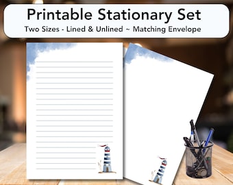 Lighthouse PRINTABLE stationery writing paper stationary letter lined unlined note paper writing stationary watercolor nautical ocean