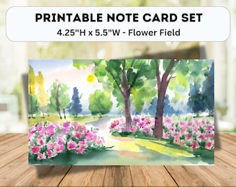 Spring Garden Printable Note Card Set, watercolor, 9 different messages, customizable template, 4.25x5.5” folded, garden, floral, botanical