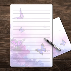 Utskrivbart brevpapper med fjärilar | Matchande kuvert | Skrivpapper | Linjerat | Olinjerat | Fjärilar | Monarkmönster | Blå Morpho | Lila | PDF