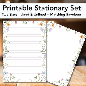 Papelería imprimible de prado de primavera, papel para escribir, papel para notas con líneas y sin líneas, papel para escribir, flores de primavera, flores silvestres, acuarela floral