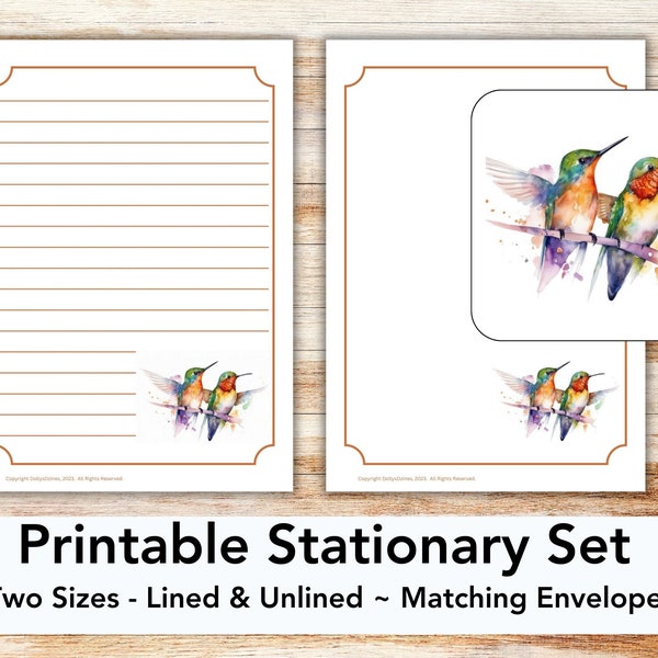 Hummingbird printable stationary set with envelope, writing paper, US letter, printable stationary, lined, unlined, hummingbird, bird