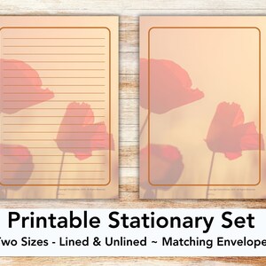 Poppy printable stationery set with envelope, writing paper, US letter, printable stationary, lined, unlined, California poppy, wildflower