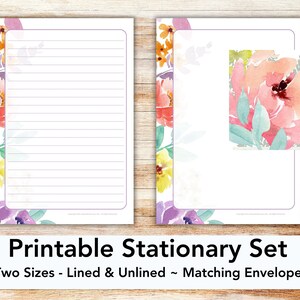 Spring watercolor PRINTABLE stationary set with envelope printable stationary paper stationery writing paper letter paper Spring flowers