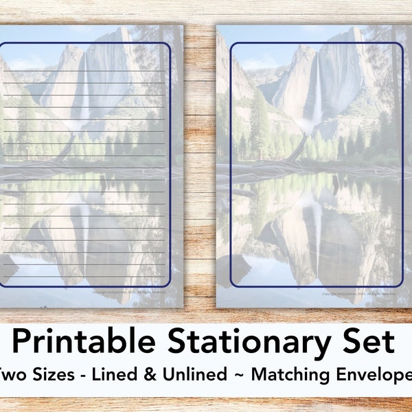 Yosemite printable stationery set with envelope, writing paper, US letter, printable stationary, lined, unlined, Mirror Lake, national park