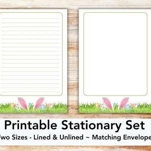 May include: Printable stationery set with two designs, one lined and one unlined. Both feature a bunny rabbit ear design with green grass and Easter eggs at the bottom.