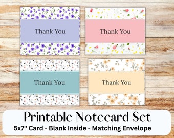 Thank You card set of printable 5”x7” cards with matching envelope, four designs, note card, floral, note card, printable stationary