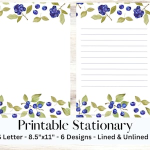 Blueberry printable stationary set with envelope, writing paper, US letter, printable stationary, lined, unlined, blueberries, fruit, summer