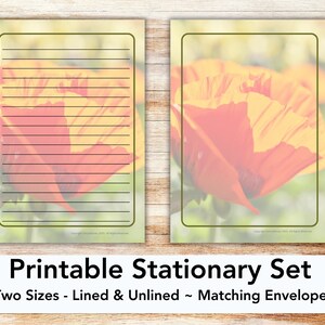 Poppy printable stationery set with envelope, writing paper, US letter, printable stationary, lined, unlined, California poppy, wildflower