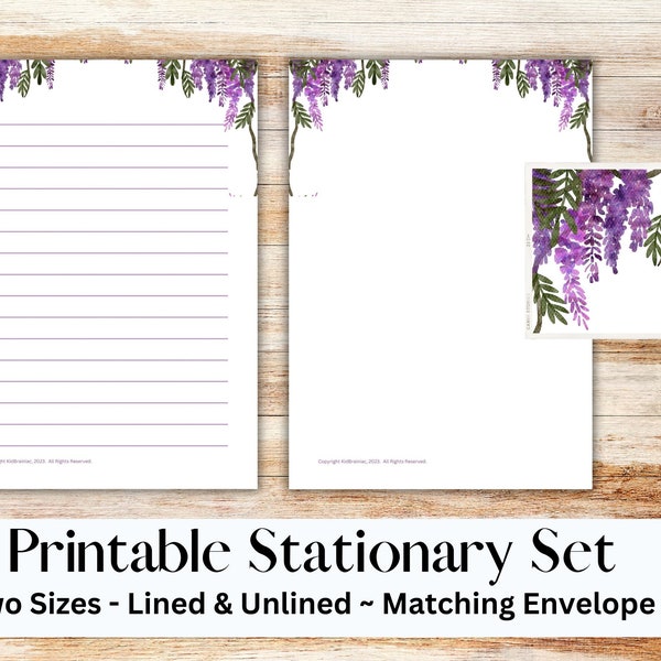 Wisteria printable stationary set with envelope, writing paper, US letter, printable stationary, lined, unlined, flowers, garden, floral