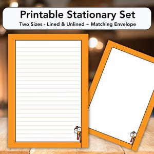 May include: Printable stationary set with two sizes, lined and unlined, and a matching envelope. The set features a white background with an orange border. A cartoon turkey peeks from the bottom corner of the paper.