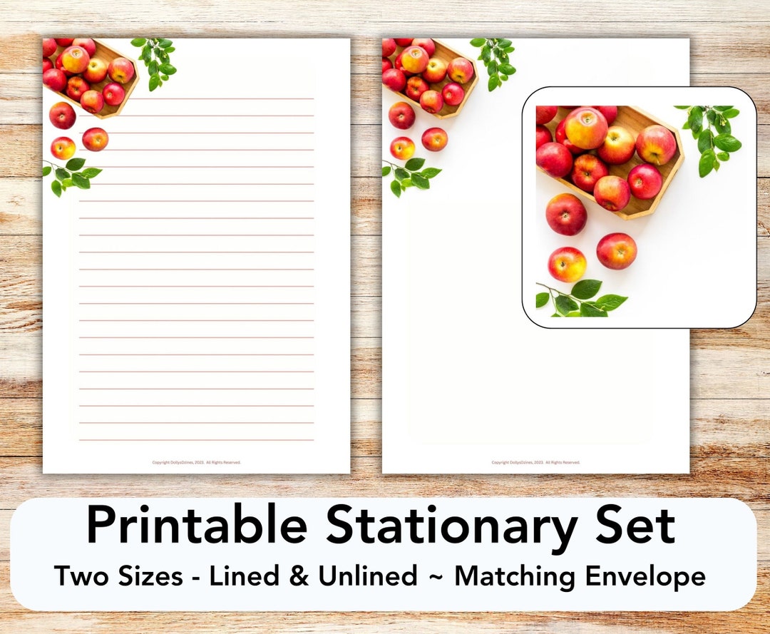 Apple Printable Stationary Set With Envelope, Writing Paper, US Letter