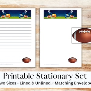 Juego de papelería imprimible de fútbol con sobre, papel para escribir, carta de EE. UU., papelería imprimible, rayada, sin raya, NFL, deportes, regalos deportivos