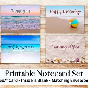 Ensemble de cartes de correspondance imprimables de plage avec enveloppe, 5 x 7, merci, joyeux anniversaire, guérissez bientôt, en pensant à vous, carte de voeux, plage, océan