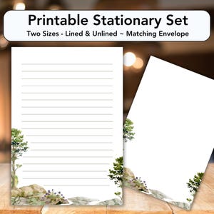 Conjunto de papelaria para impressão de floresta com envelope, papel de carta, carta dos EUA, papelaria para impressão, pautado, sem pauta, árvores em aquarela, árvores