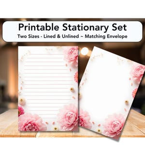 Papelería imprimible de peonía, papel para escribir, papelería, cartas, papel rayado sin raya, papel para notas, papel para escribir, peonía rosa, primavera, verano, jardín floral