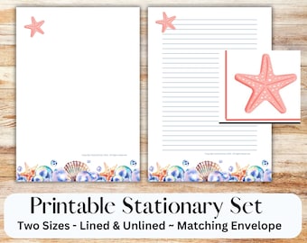 Seashell printable stationary set with envelope, writing paper, US letter, printable stationary, lined, unlined, seashore, beach, ocean