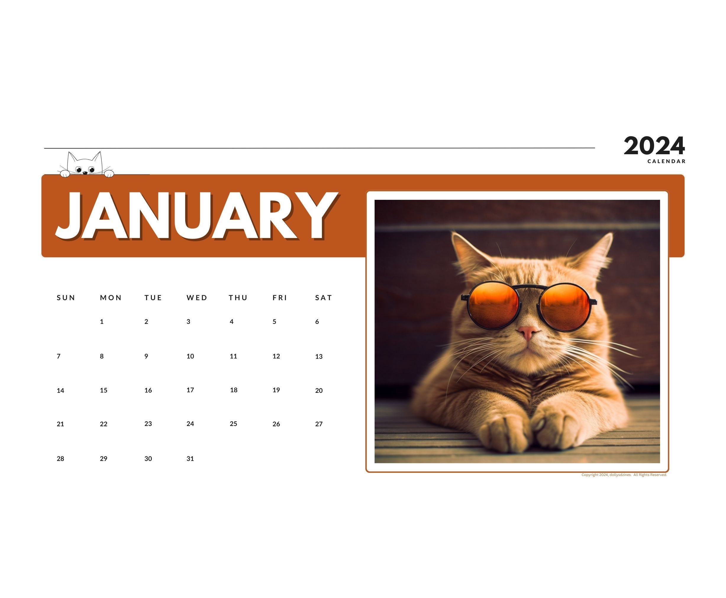 2024 Wall Calendar 2024 Cat Calendar 2024 Wall Calendar Printable 2024