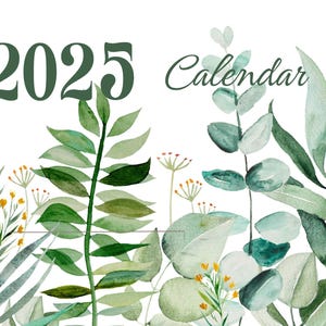 Calendario de pared imprimible botánico, calendario mensual de escritorio, calendario anual de acuarela con hojas, flora y fauna, imprimible