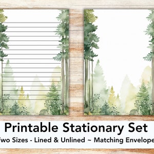 Forest printable stationary set with envelope, writing paper, US letter, printable stationary, lined, unlined, watercolor trees, trees