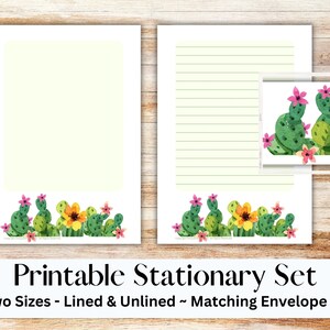 Juego de papelería imprimible de cactus con sobre, papel para escribir, tamaño carta de EE. UU., papelería imprimible, rayada, sin raya, suculentas, cactus, acuarela