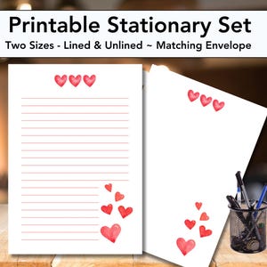 Set de papelería IMPRIMIBLE con corazones para el Día de San Valentín, corazones rojos, amor, romance, amistad, familia, amigos, cartas, invitaciones, menús, álbumes de recortes