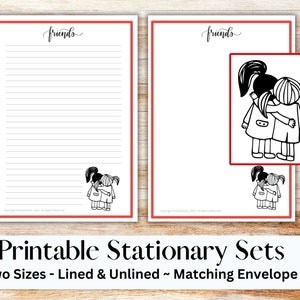 Set de papelería imprimible de amigos con sobre, papel para escribir, carta de EE. UU., papelería imprimible, rayada, sin raya, amistad, amigas