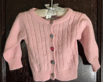 Gently used vintage newborn pink cable knit sweater with cutest ladybug buttons in assorted colors!