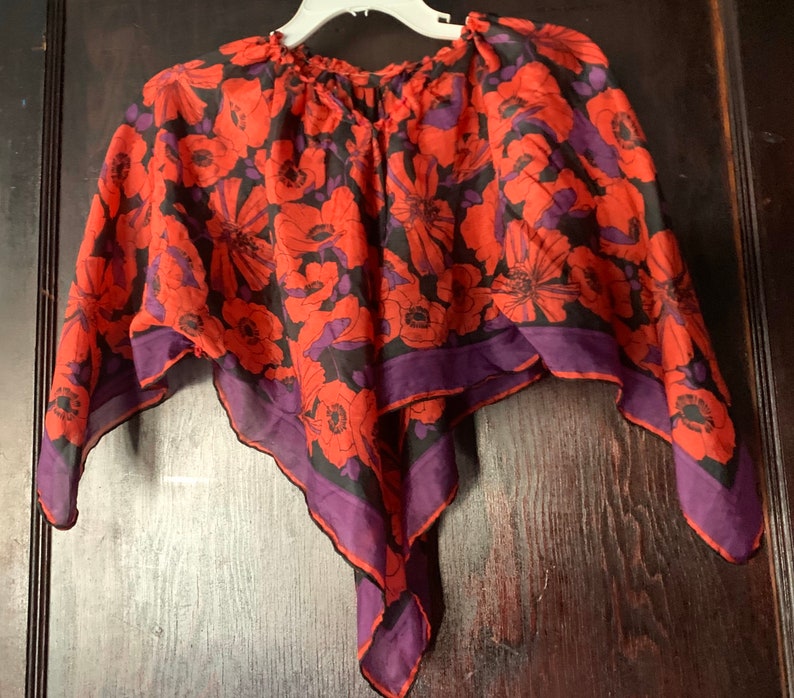 Silk scarf shirt from Italy Red poppies with purple/& black background