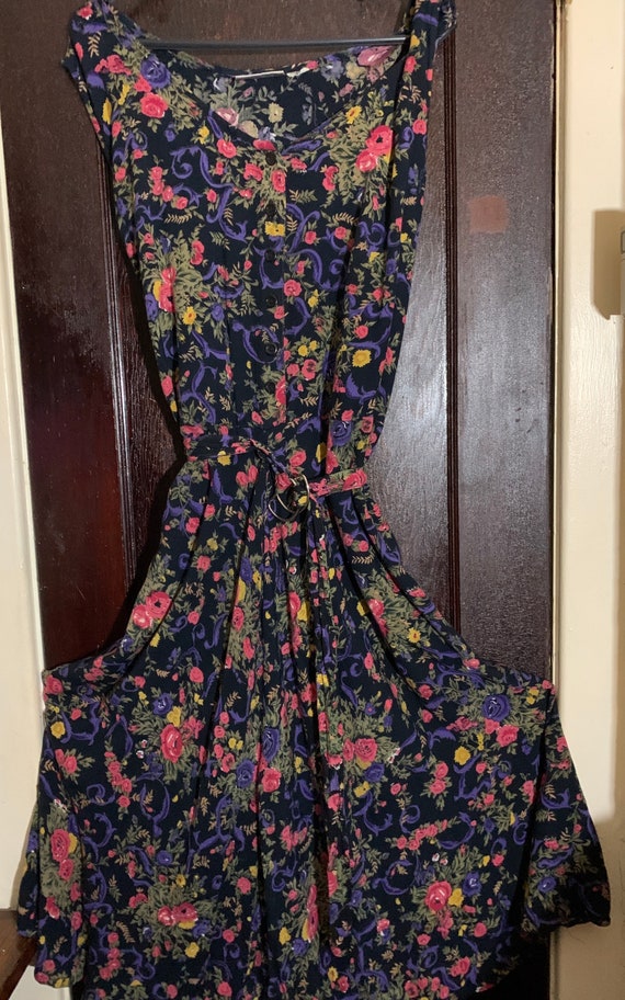 Vintage dress !Pretty black floral long belted dr… - image 1